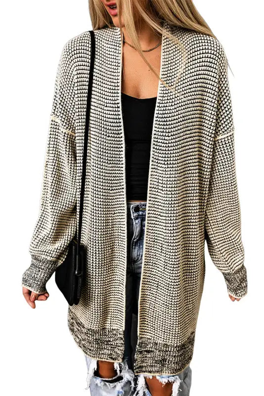 Grey plaid contrast trim open front cardigan - tops