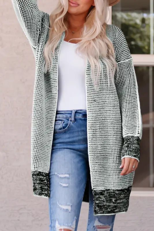 Grey plaid contrast trim open front cardigan - tops