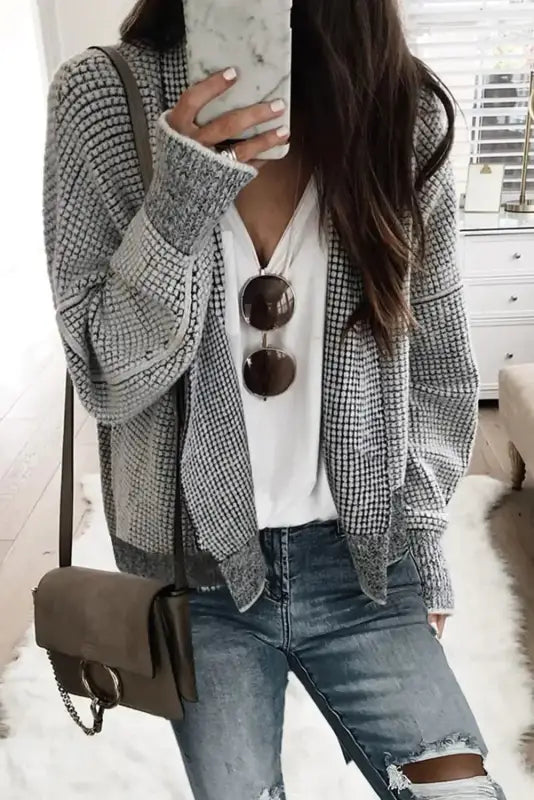 Grey plaid contrast trim open front cardigan - medium / s / 65% acrylic + 35% polyester - tops