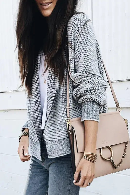 Grey plaid contrast trim open front cardigan - tops