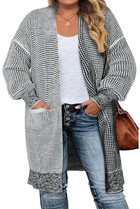 Grey plaid contrast trim open front cardigan - tops