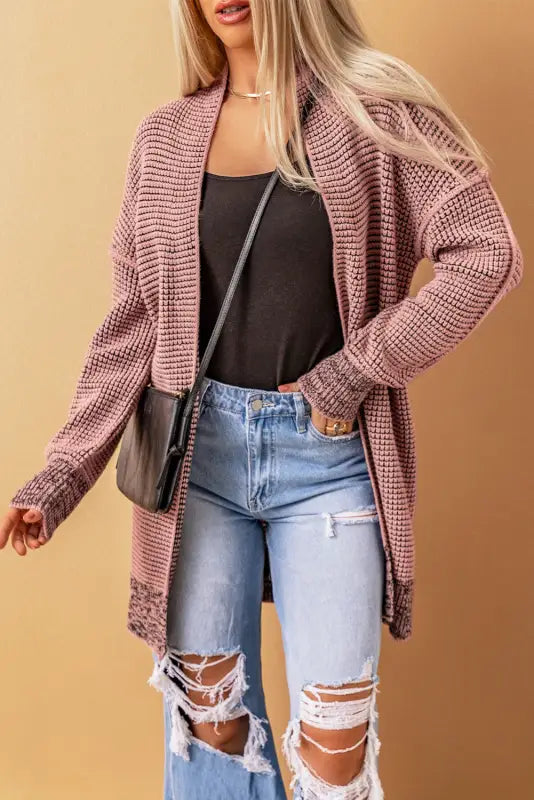 Grey plaid contrast trim open front cardigan - tops