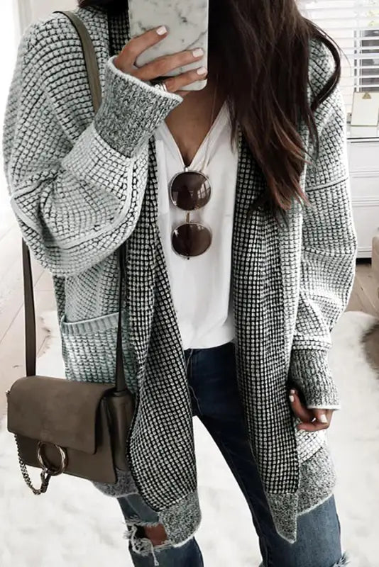 Grey plaid contrast trim open front cardigan - tops