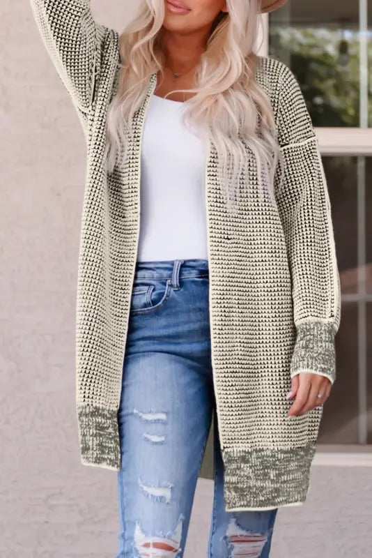 Grey plaid contrast trim open front cardigan - tops