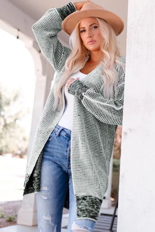 Grey plaid contrast trim open front cardigan - tops