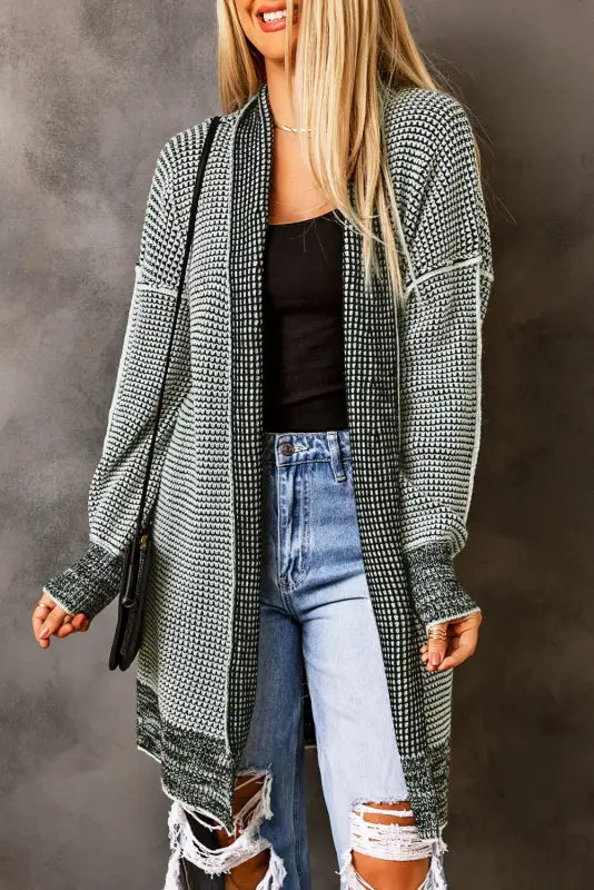 Grey plaid contrast trim open front cardigan - tops