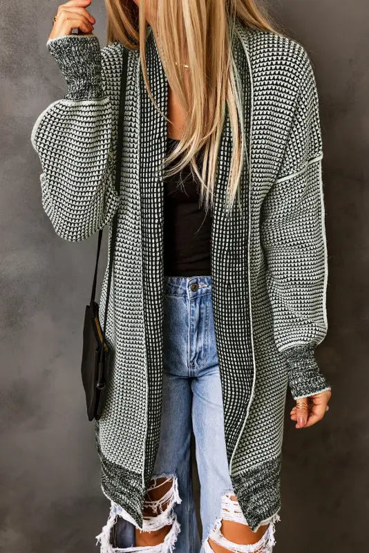 Grey plaid contrast trim open front cardigan - tops