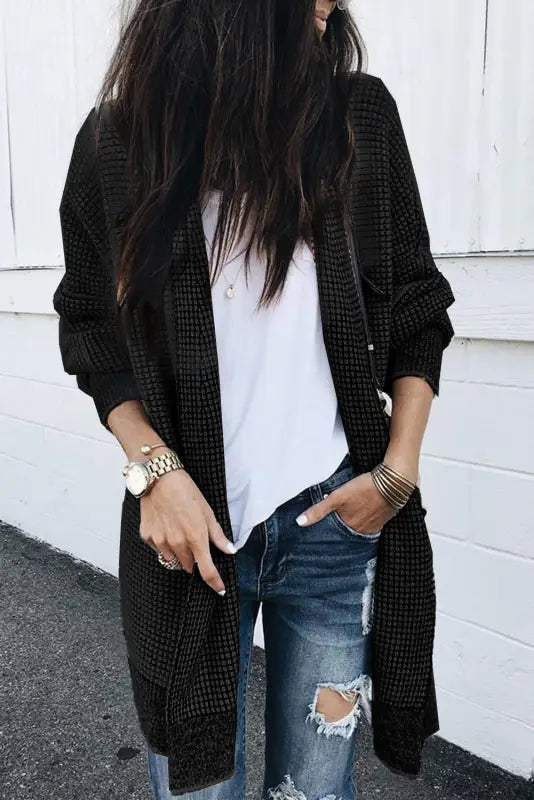 Grey plaid contrast trim open front cardigan - tops