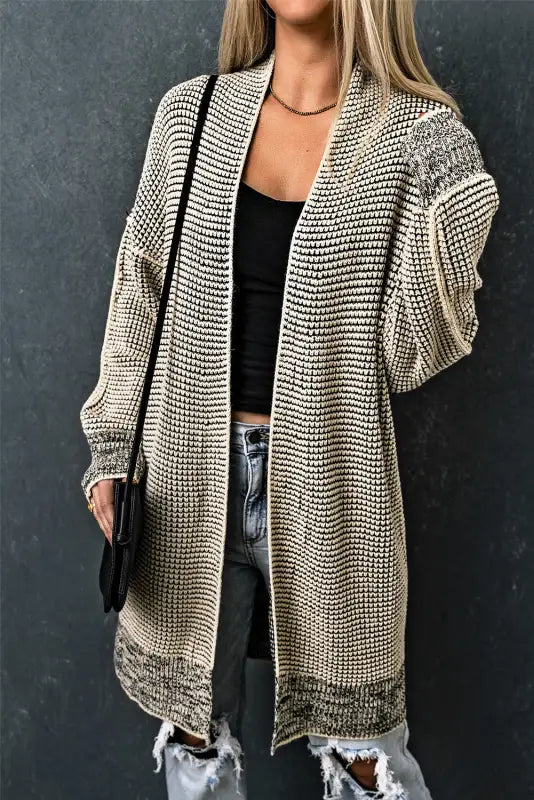 Grey plaid contrast trim open front cardigan - tops