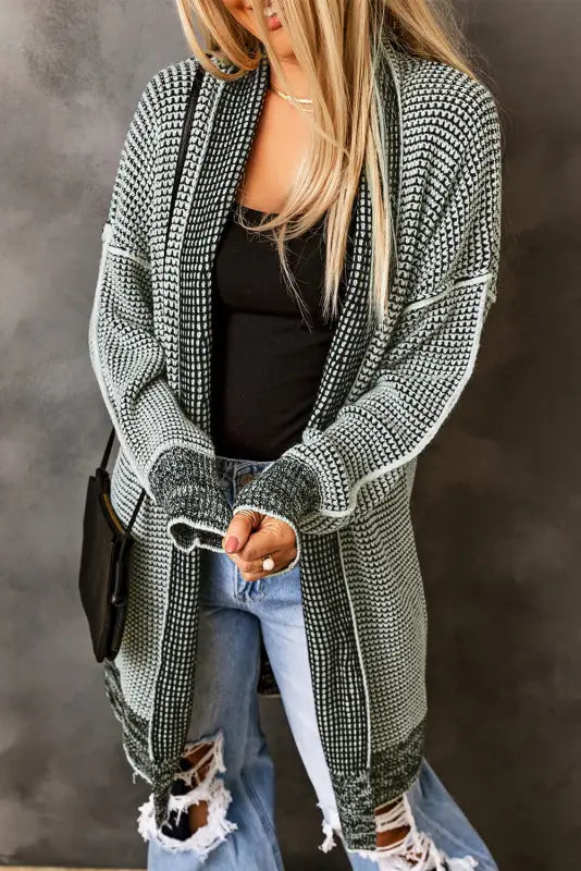 Grey plaid contrast trim open front cardigan - tops