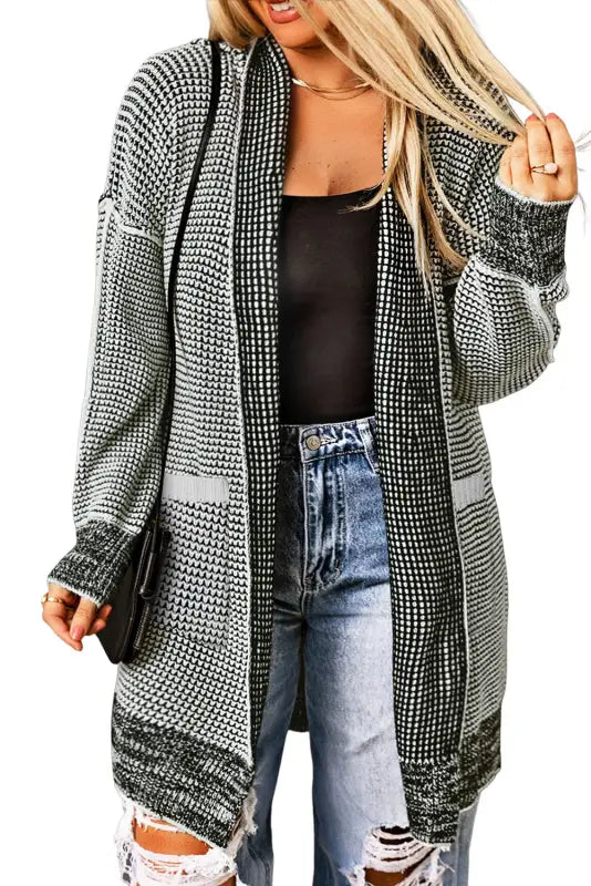 Grey plaid contrast trim open front cardigan - tops