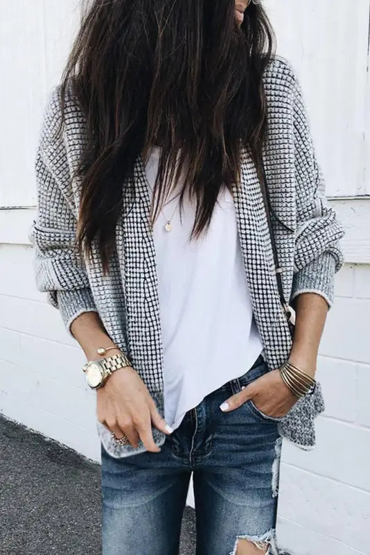 Grey plaid contrast trim open front cardigan - tops