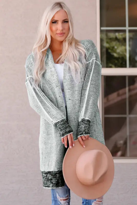 Grey plaid contrast trim open front cardigan - tops