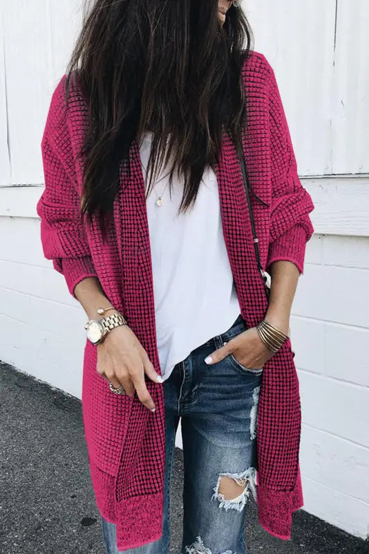 Grey plaid contrast trim open front cardigan - tops