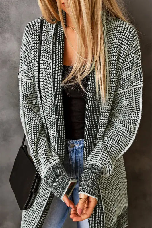 Grey plaid contrast trim open front cardigan - tops