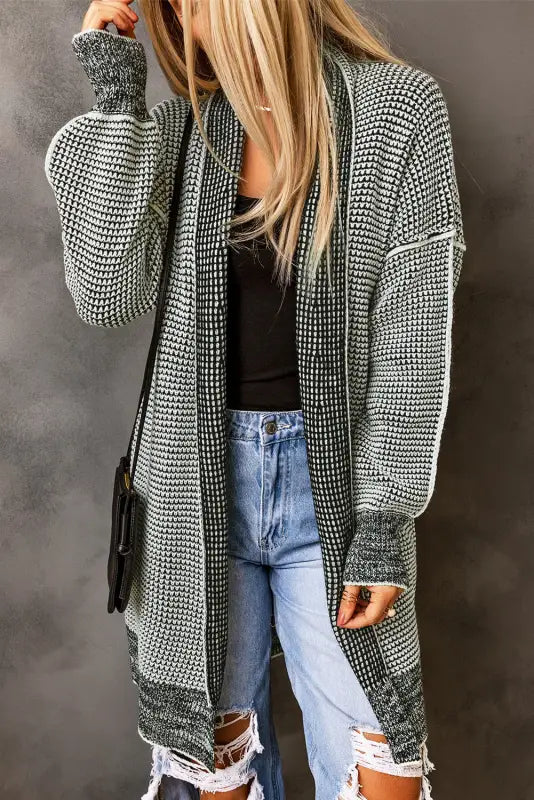 Grey plaid contrast trim open front cardigan - tops