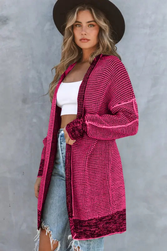 Grey plaid contrast trim open front cardigan - tops