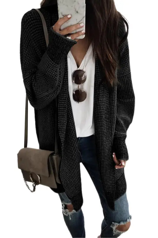 Grey plaid contrast trim open front cardigan - tops