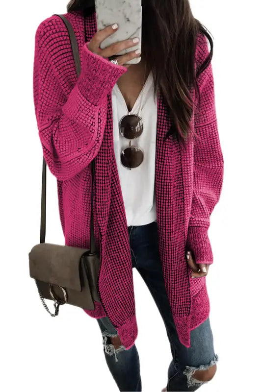 Grey plaid contrast trim open front cardigan - tops