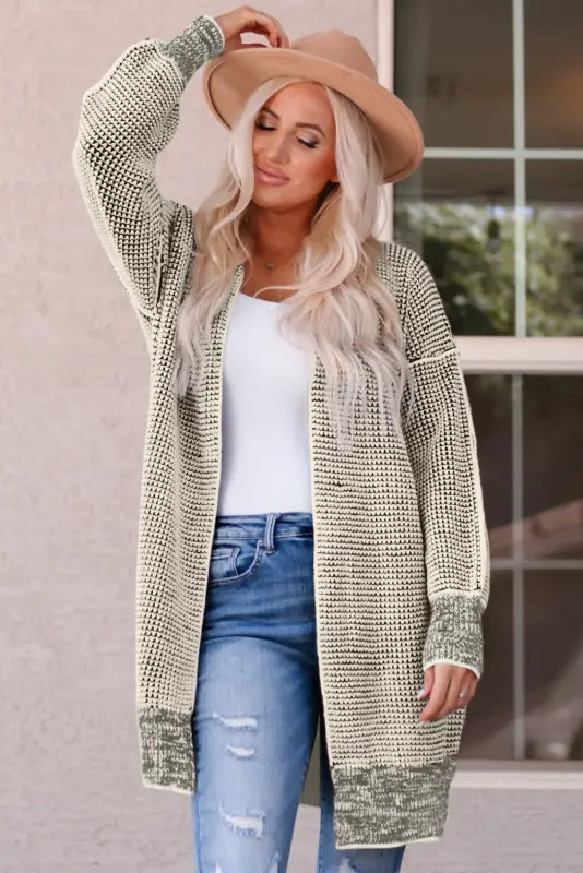 Grey plaid contrast trim open front cardigan - tops