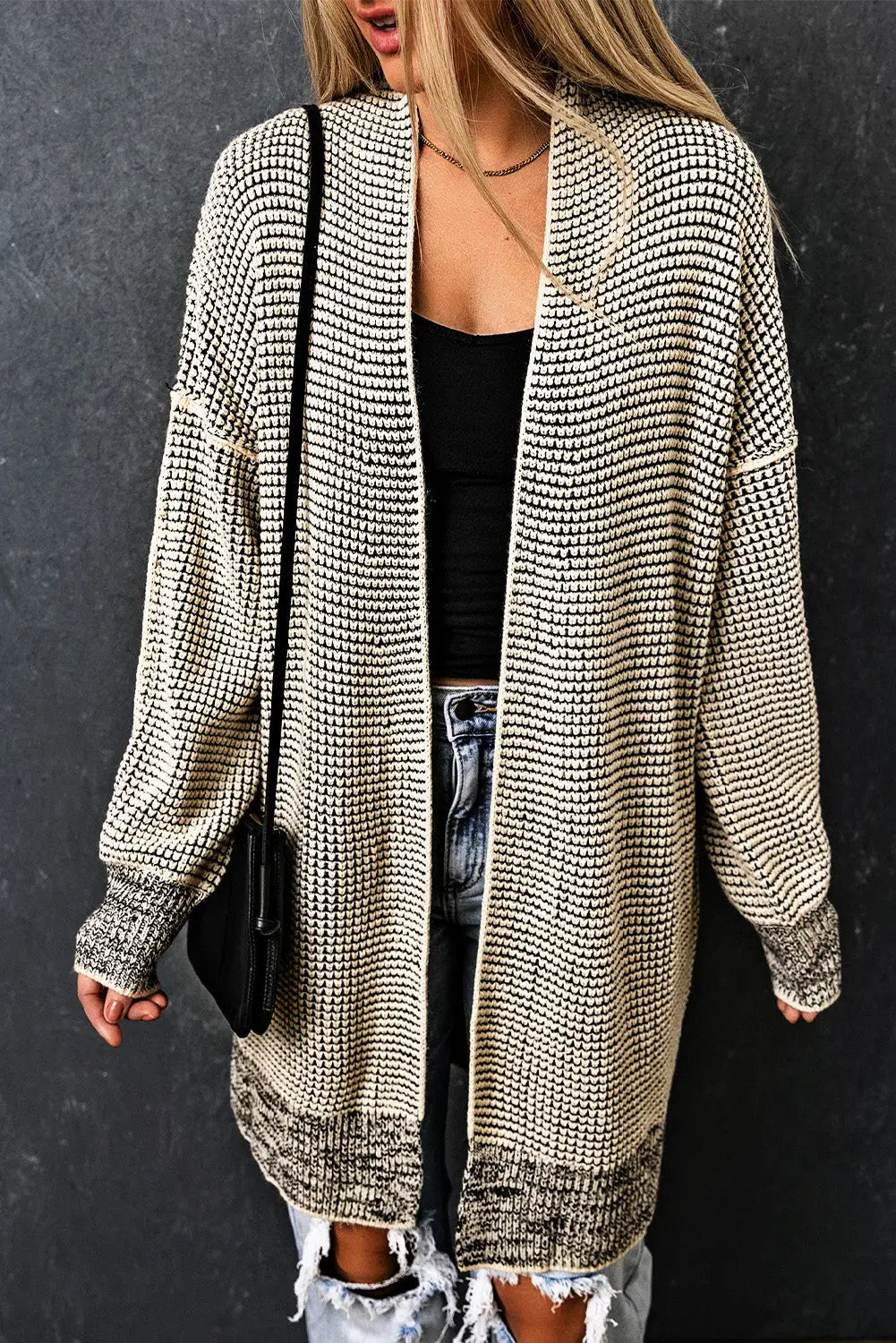 Grey plaid contrast trim open front cardigan - apricot / s / 65% acrylic + 35% polyester - tops