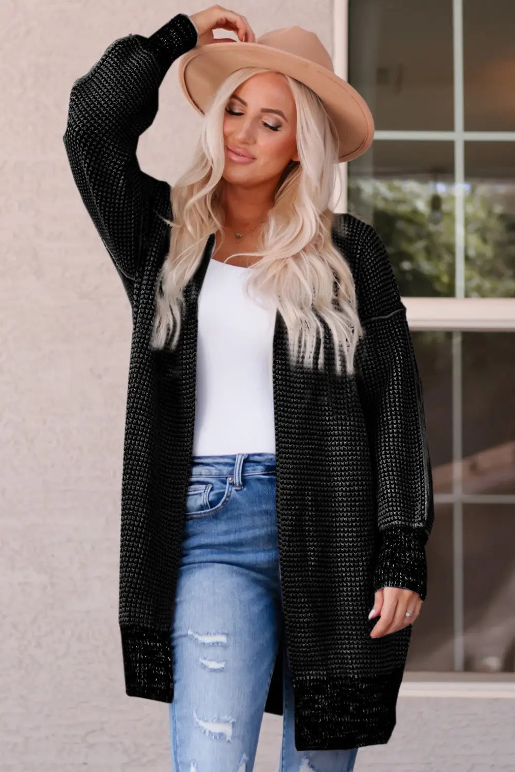 Grey plaid contrast trim open front cardigan - black / s / 65% acrylic + 35% polyester - tops