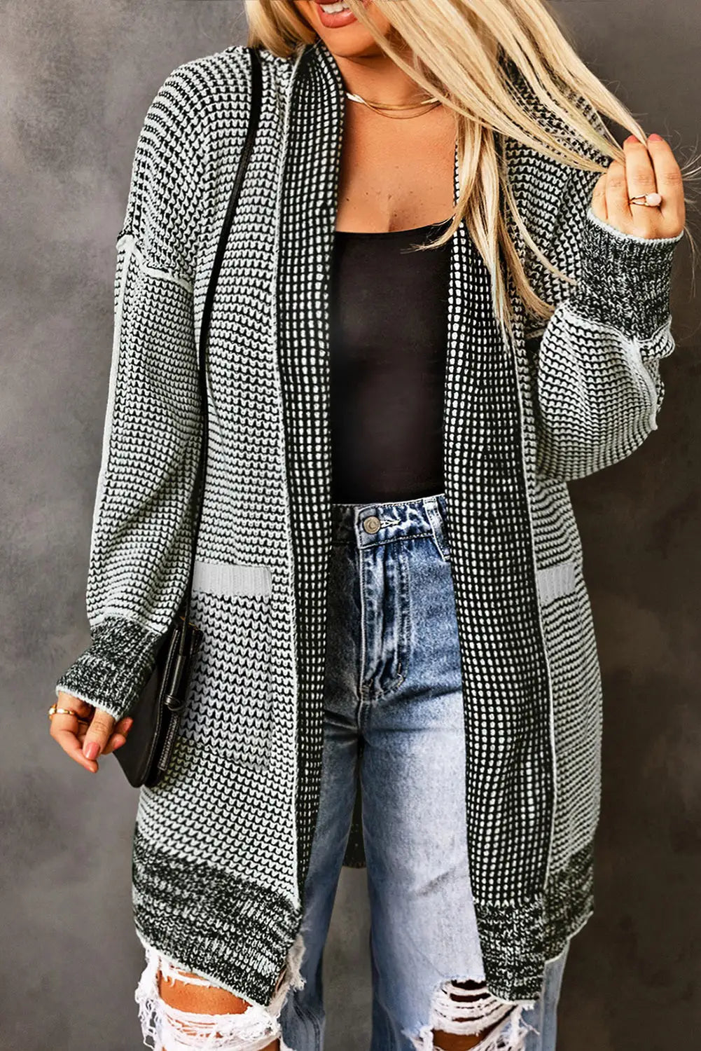 Grey plaid contrast trim open front cardigan - gray / 1x / 65% acrylic + 35% polyester - tops