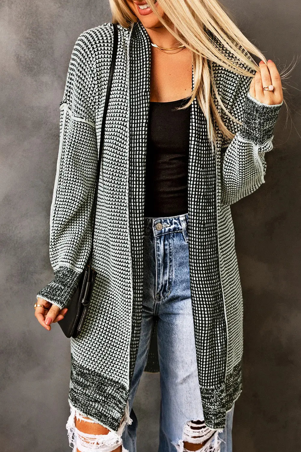 Grey plaid contrast trim open front cardigan - gray / s / 65% acrylic + 35% polyester - tops