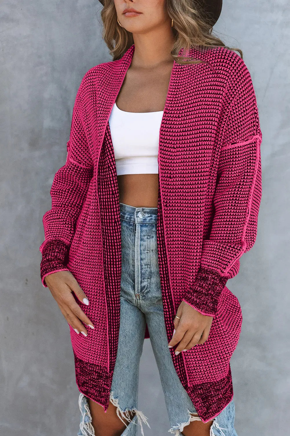 Grey plaid contrast trim open front cardigan - rose / s / 65% acrylic + 35% polyester - tops