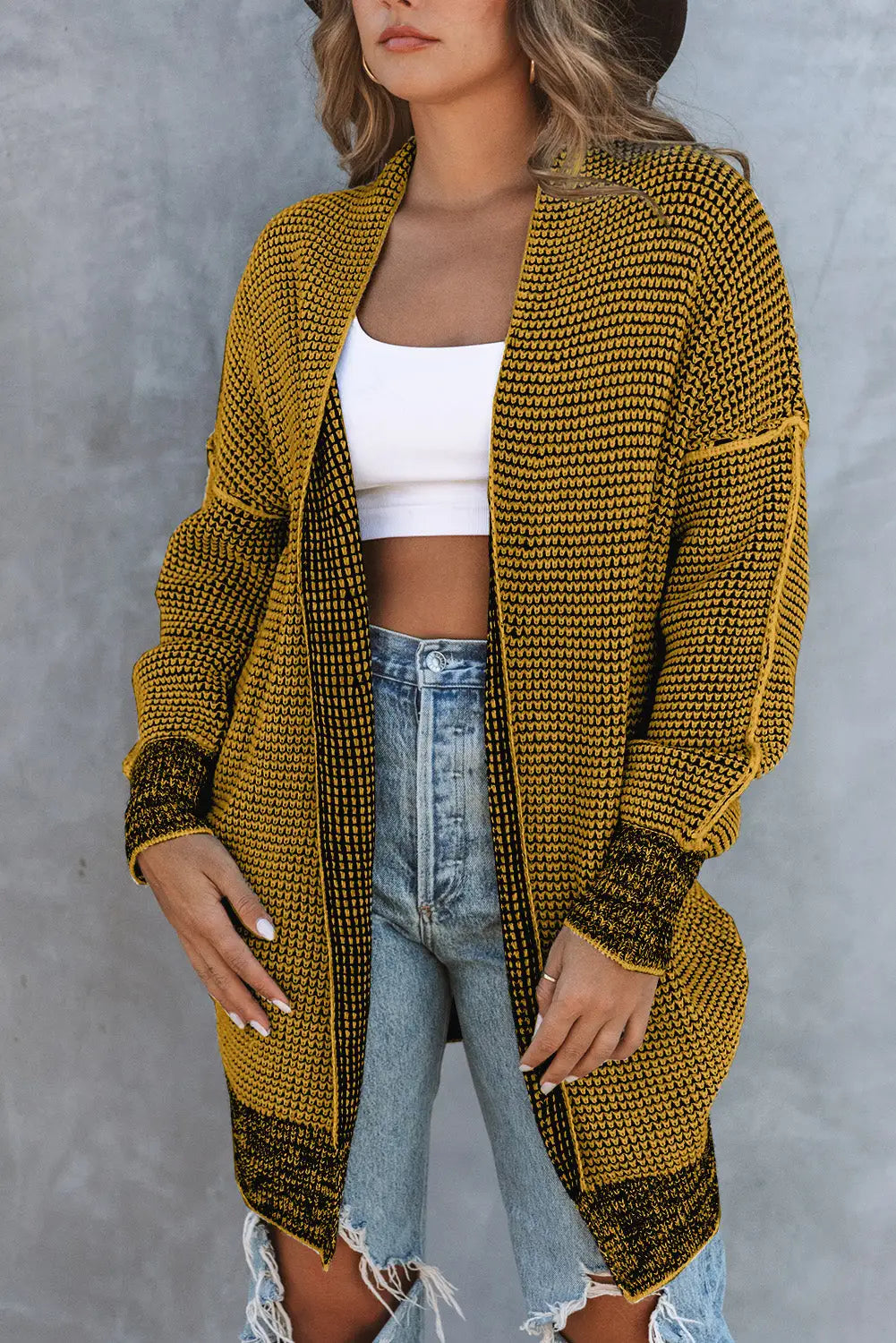 Grey plaid contrast trim open front cardigan - yellow / s / 65% acrylic + 35% polyester - tops