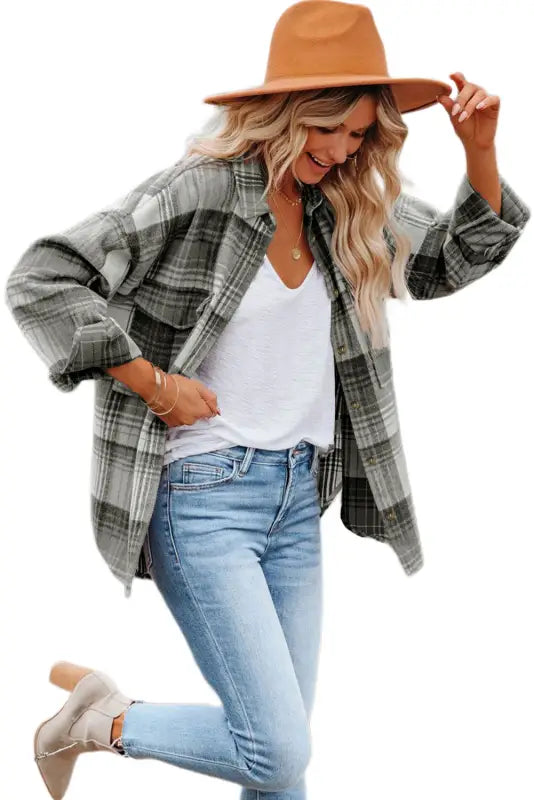 Grey plaid shacket - flap pockets - shackets