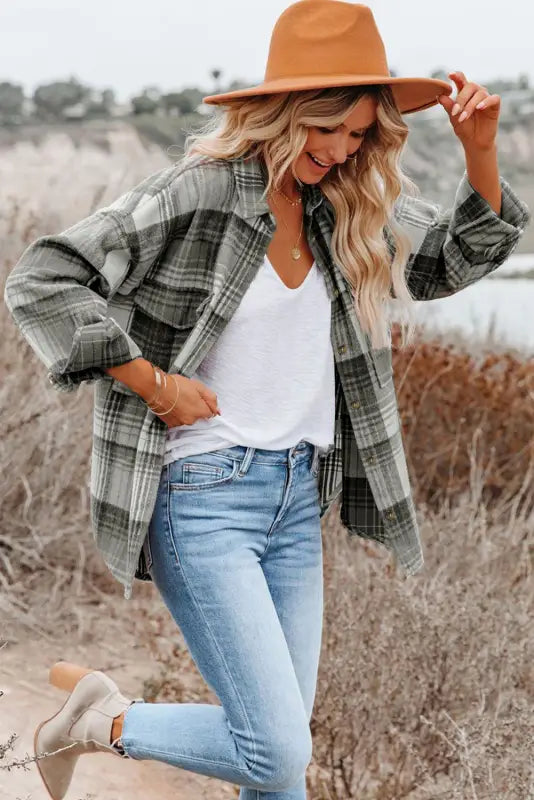 Grey plaid shacket - flap pockets - shackets