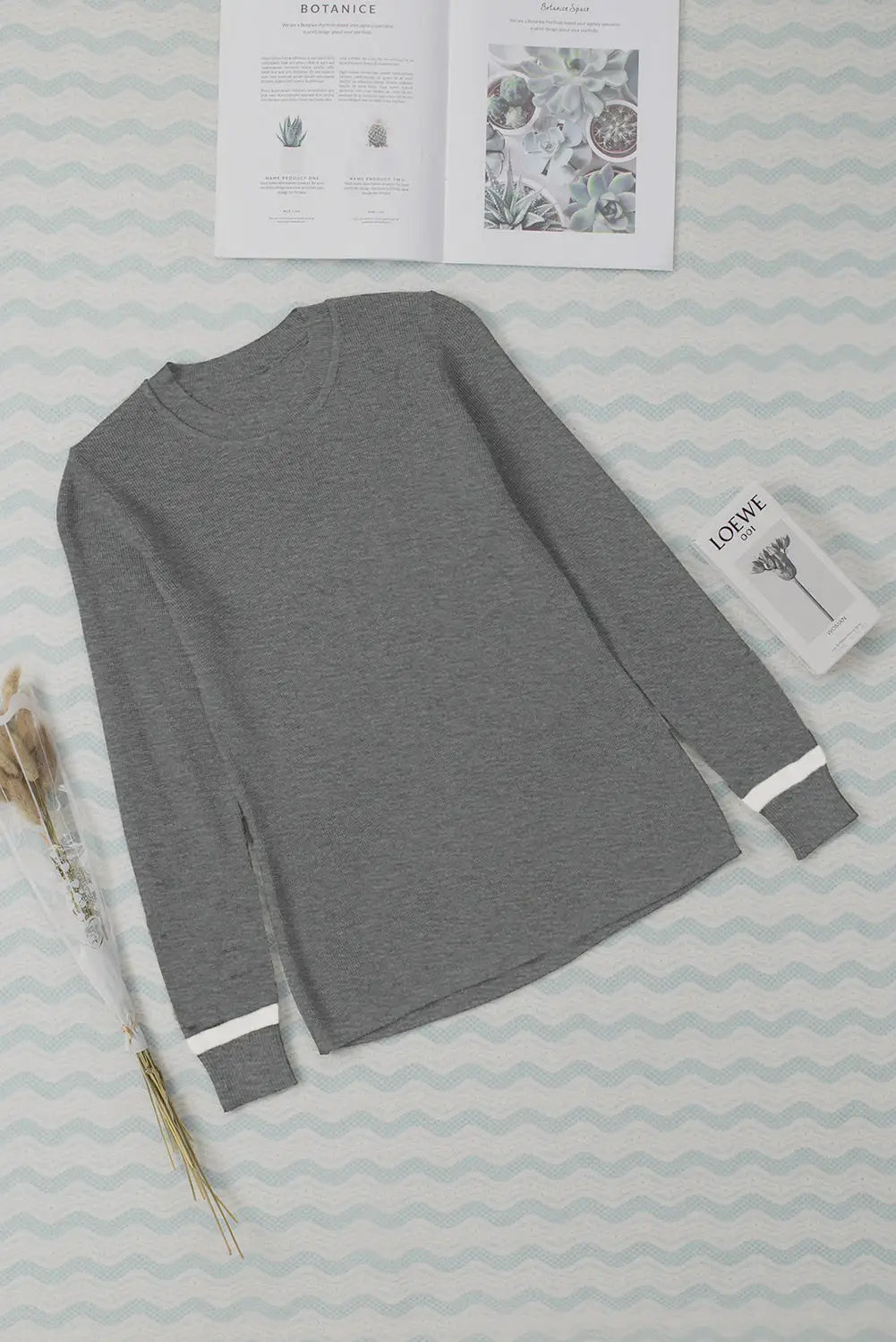 Grey ribbed trim crew neck long sleeve sweater - sweaters & cardigans