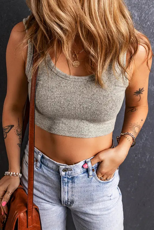 Grey stretchy knit crop top - light / s / 93% viscose + 7% elastane - tops