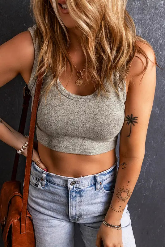 Grey stretchy knit crop top - tops