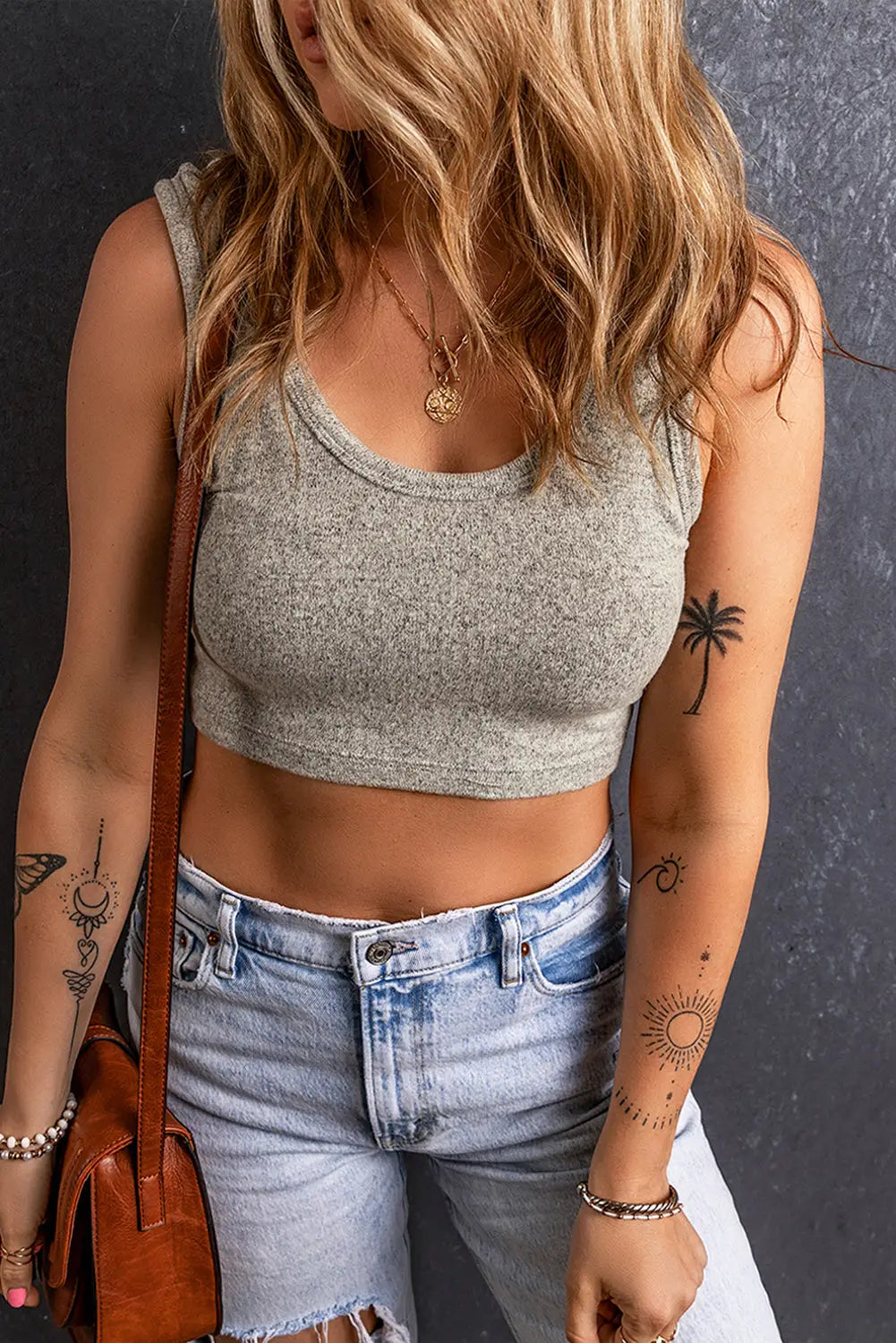 Grey stretchy knit crop top - tops