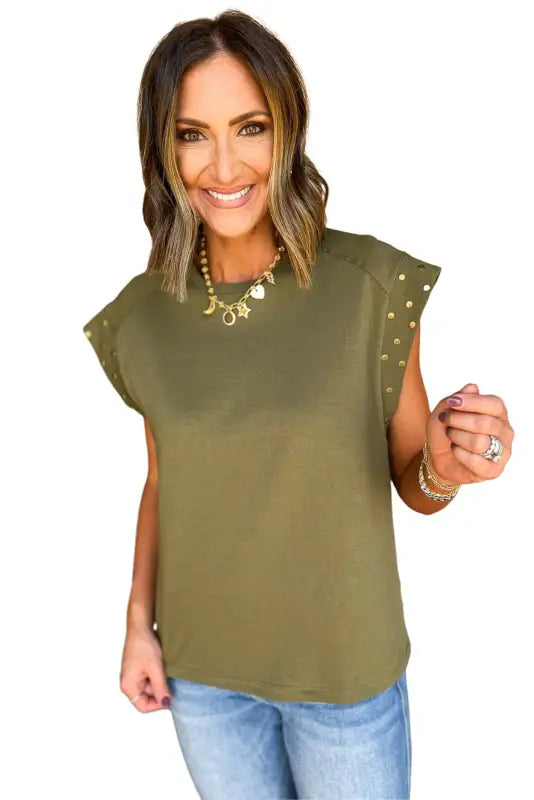 Guacamole green studded short sleeve top - t-shirts