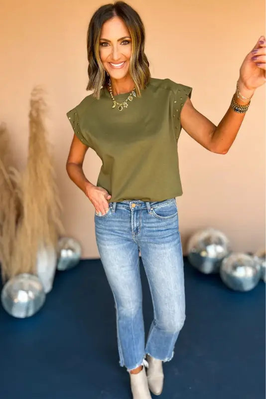 Guacamole green studded short sleeve top - t-shirts