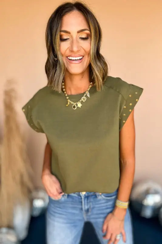 Guacamole green studded short sleeve top - t-shirts