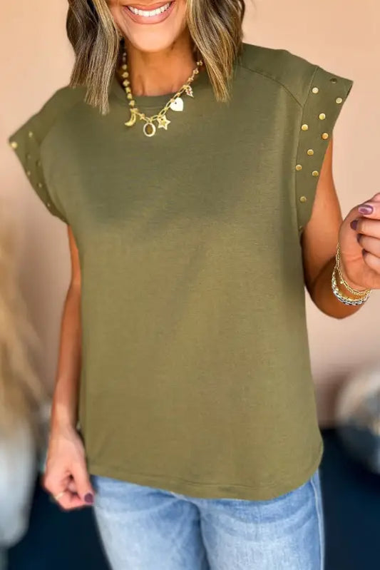 Guacamole green studded short sleeve top - l / 50% polyester + 45% viscose + 5% elastane - t-shirts