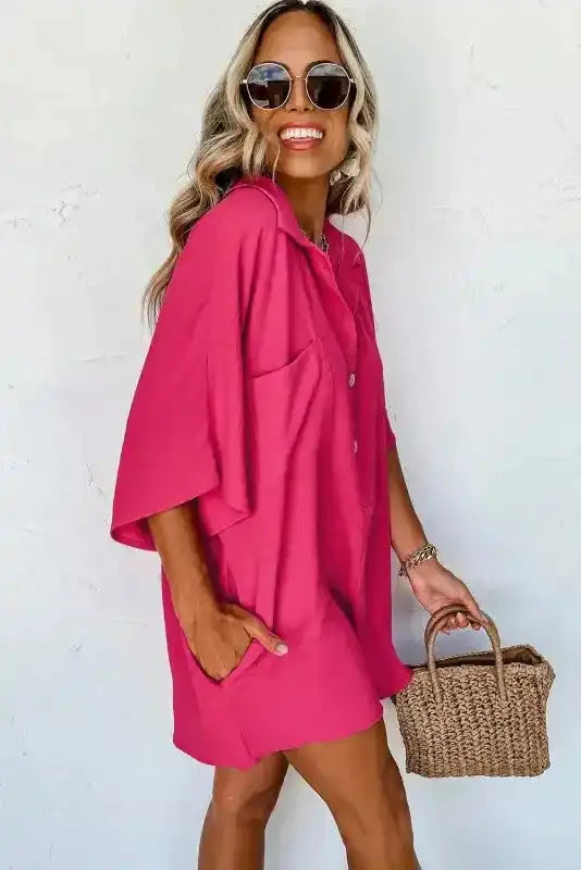 Half Button Collared Loose Romper - Fashionfitz