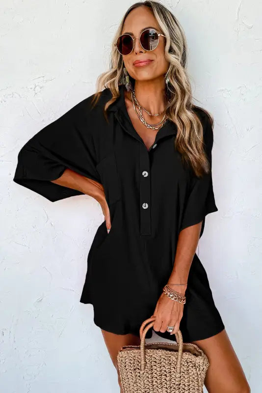 Black half button collared loose romper - bottoms/jumpsuits & rompers