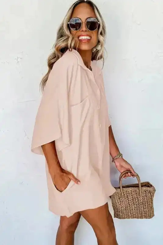 Half Button Collared Loose Romper - Fashionfitz
