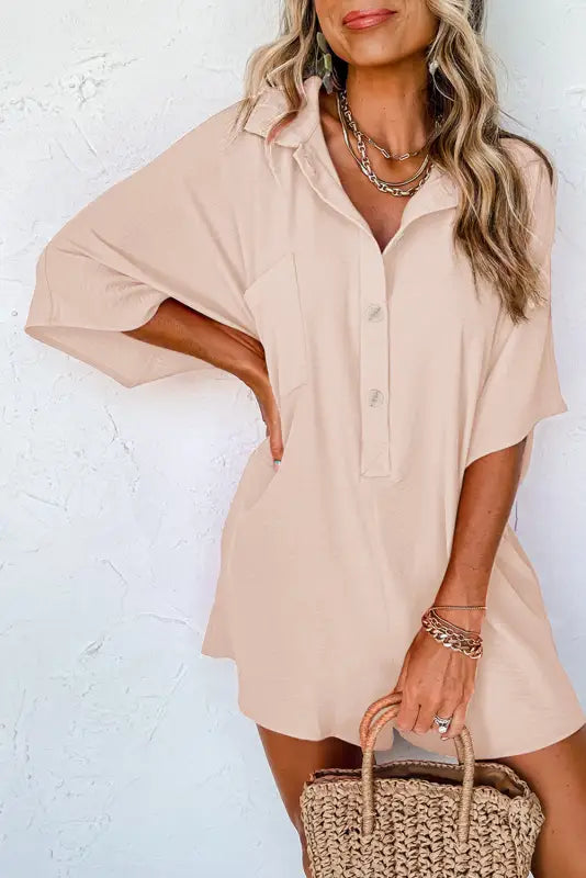 Black half button collared loose romper - apricot / s / 100% polyester - bottoms/jumpsuits & rompers