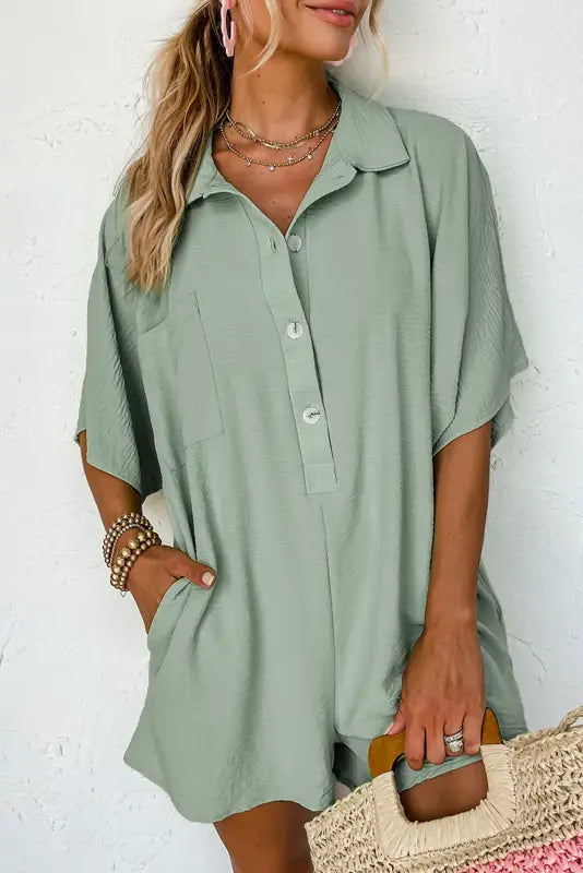 Black half button collared loose romper - spinach green / s / 100% polyester - bottoms/jumpsuits & rompers