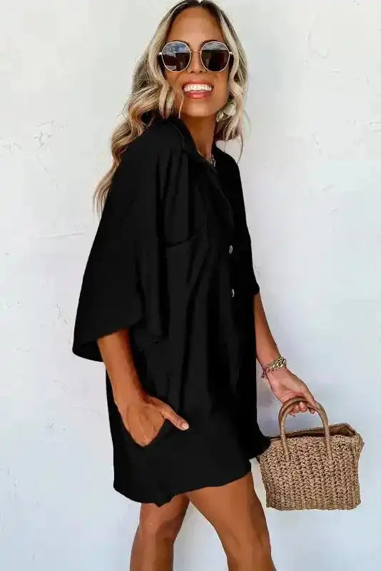 Half Button Collared Loose Romper - Fashionfitz