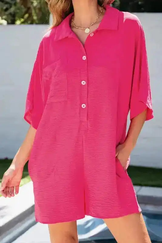 Half Button Collared Loose Romper - Fashionfitz