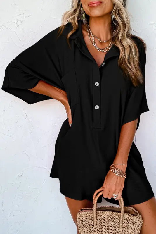 Black half button collared loose romper - s / 100% polyester - bottoms/jumpsuits & rompers