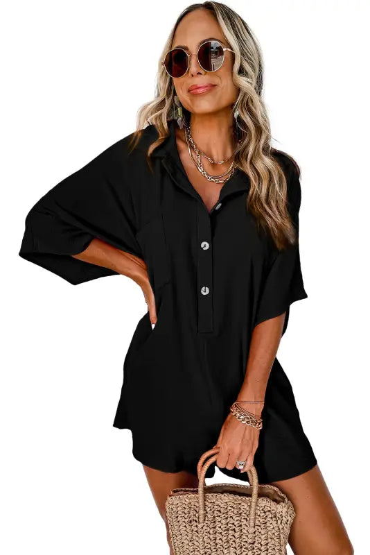 Black half button collared loose romper - bottoms/jumpsuits & rompers