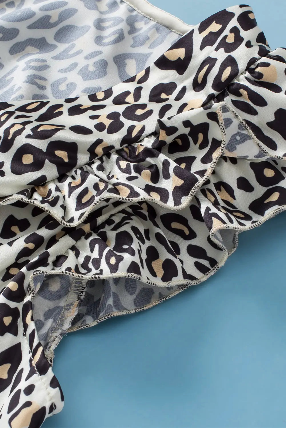 Half leopard patchwork ruffle sleeve blouse - short blouses